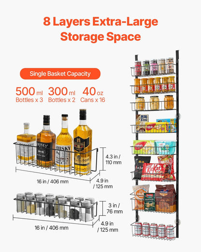 Over the Door Pantry Organizer, 9-Tier Pantry Organization and Storage, Heavy-Duty Steel Hanging Spice Rack, Adjustable Wall Seasoning Shelves, for Home Kitchen Laundry Room Bathroom, White