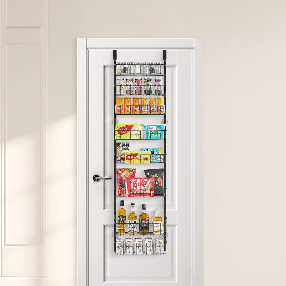 Over the Door Pantry Organizer, 9-Tier Pantry Organization and Storage, Heavy-Duty Steel Hanging Spice Rack, Adjustable Wall Seasoning Shelves, for Home Kitchen Laundry Room Bathroom, White