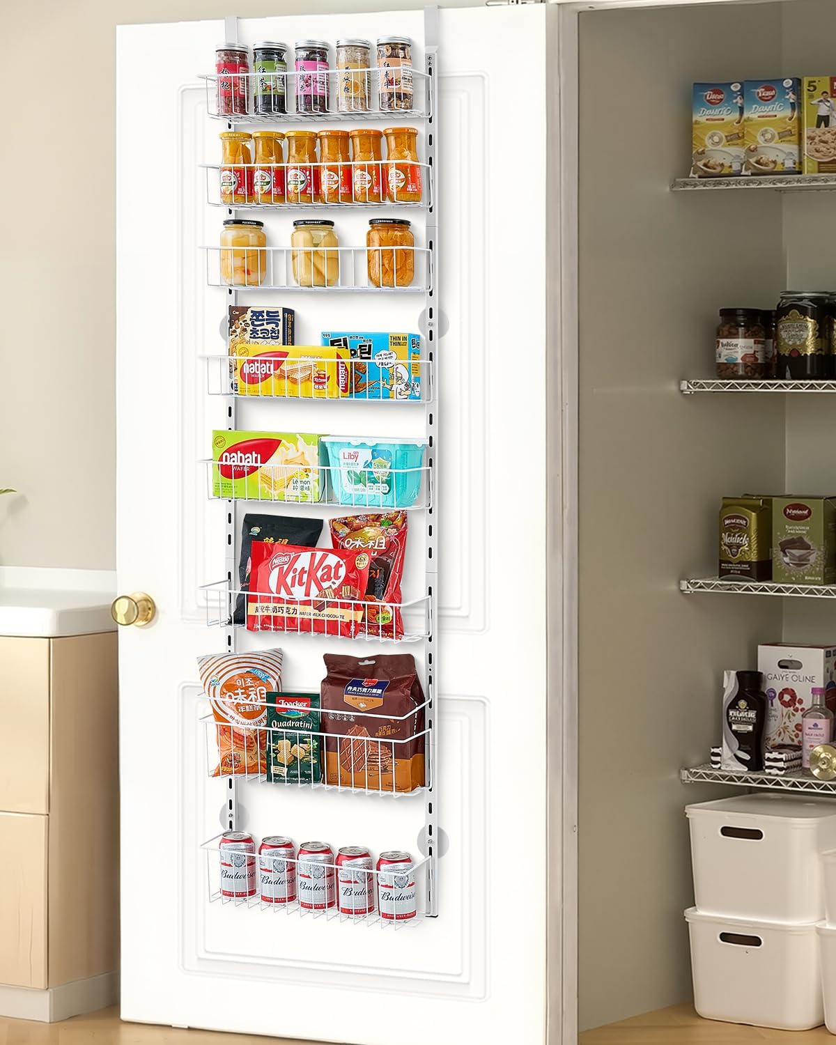 Over the Door Pantry Organizer, 9-Tier Pantry Organization and Storage, Heavy-Duty Steel Hanging Spice Rack, Adjustable Wall Seasoning Shelves, for Home Kitchen Laundry Room Bathroom, White