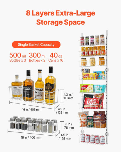 Over the Door Pantry Organizer, 9-Tier Pantry Organization and Storage, Heavy-Duty Steel Hanging Spice Rack, Adjustable Wall Seasoning Shelves, for Home Kitchen Laundry Room Bathroom, White
