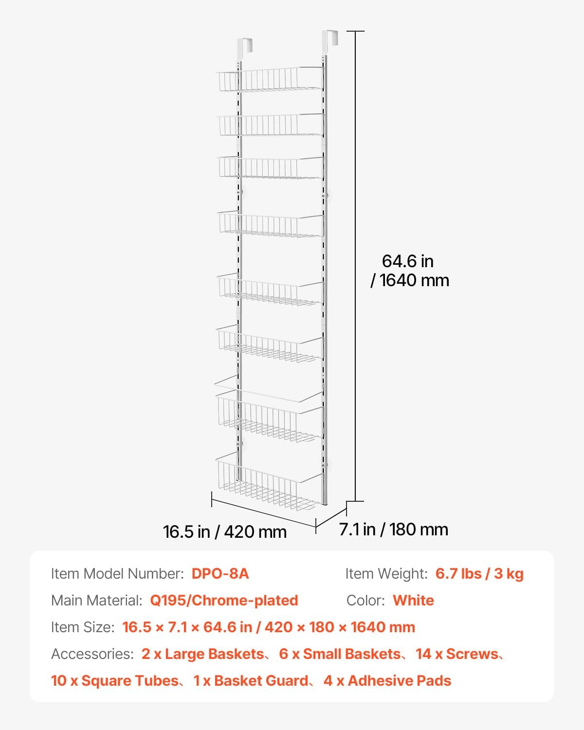 Over the Door Pantry Organizer, 9-Tier Pantry Organization and Storage, Heavy-Duty Steel Hanging Spice Rack, Adjustable Wall Seasoning Shelves, for Home Kitchen Laundry Room Bathroom, White