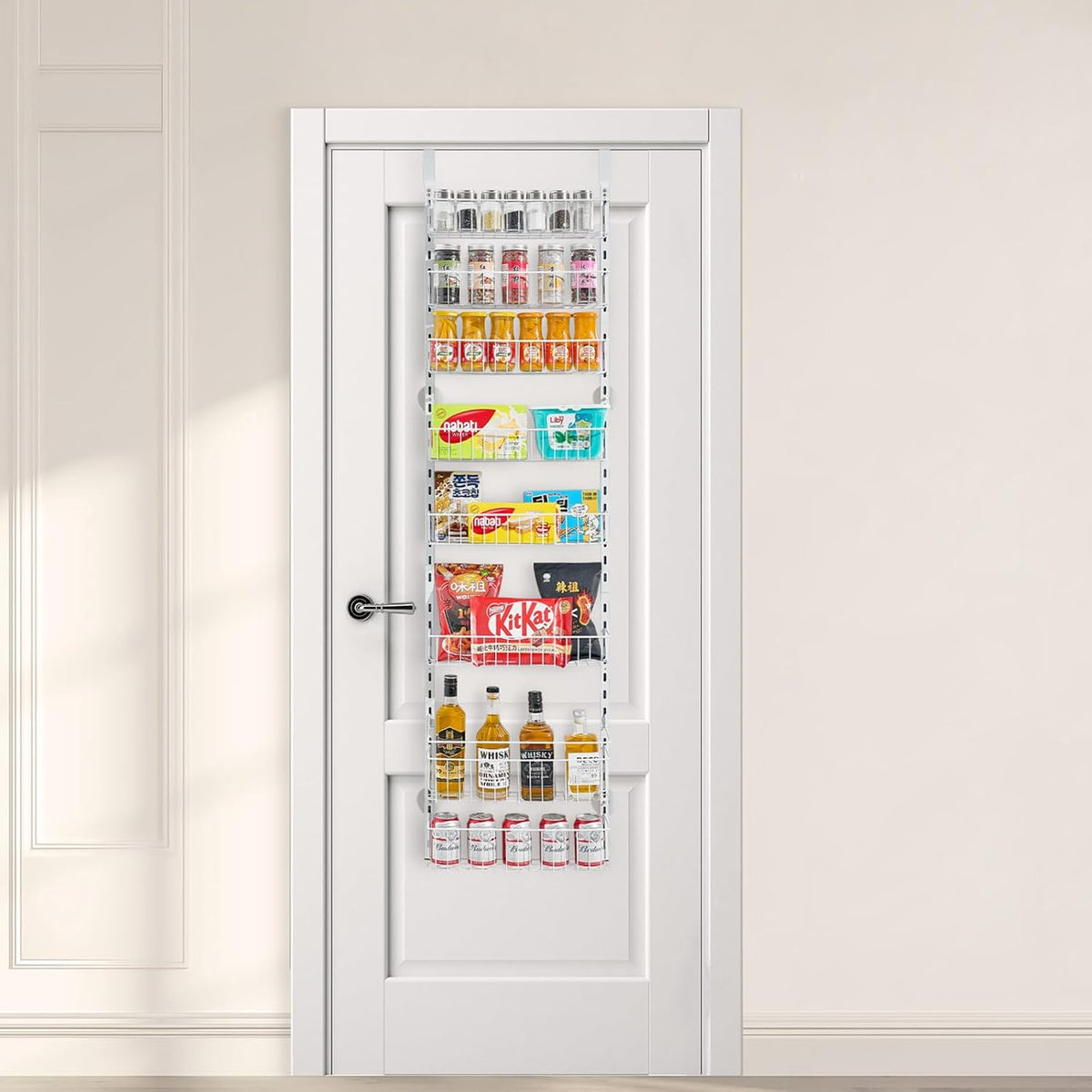 Over the Door Pantry Organizer, 9-Tier Pantry Organization and Storage, Heavy-Duty Steel Hanging Spice Rack, Adjustable Wall Seasoning Shelves, for Home Kitchen Laundry Room Bathroom, White