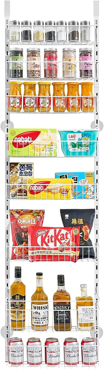Over the Door Pantry Organizer, 9-Tier Pantry Organization and Storage, Heavy-Duty Steel Hanging Spice Rack, Adjustable Wall Seasoning Shelves, for Home Kitchen Laundry Room Bathroom, White