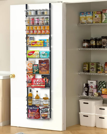 Over the Door Pantry Organizer, 9-Tier Pantry Organization and Storage, Heavy-Duty Steel Hanging Spice Rack, Adjustable Wall Seasoning Shelves, for Home Kitchen Laundry Room Bathroom, White