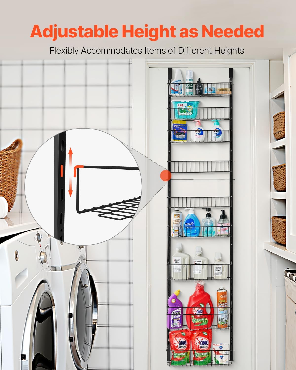 Over the Door Pantry Organizer, 9-Tier Pantry Organization and Storage, Heavy-Duty Steel Hanging Spice Rack, Adjustable Wall Seasoning Shelves, for Home Kitchen Laundry Room Bathroom, White
