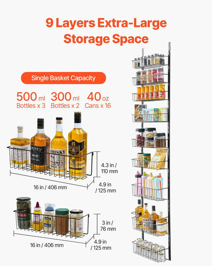 Over the Door Pantry Organizer, 9-Tier Pantry Organization and Storage, Heavy-Duty Steel Hanging Spice Rack, Adjustable Wall Seasoning Shelves, for Home Kitchen Laundry Room Bathroom, White