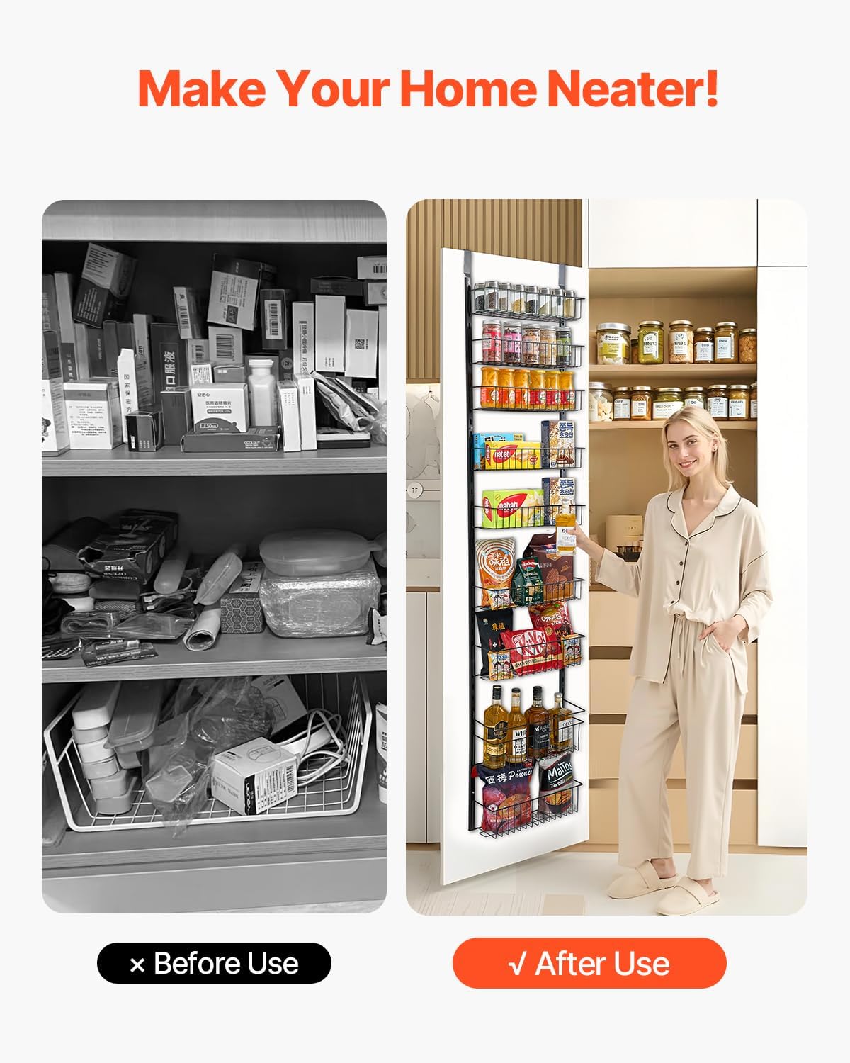 Over the Door Pantry Organizer, 9-Tier Pantry Organization and Storage, Heavy-Duty Steel Hanging Spice Rack, Adjustable Wall Seasoning Shelves, for Home Kitchen Laundry Room Bathroom, White