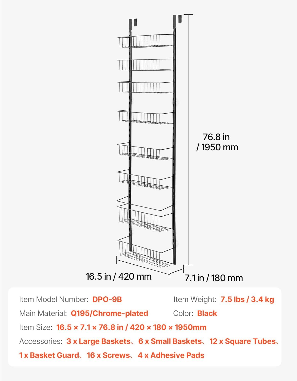 Over the Door Pantry Organizer, 9-Tier Pantry Organization and Storage, Heavy-Duty Steel Hanging Spice Rack, Adjustable Wall Seasoning Shelves, for Home Kitchen Laundry Room Bathroom, White