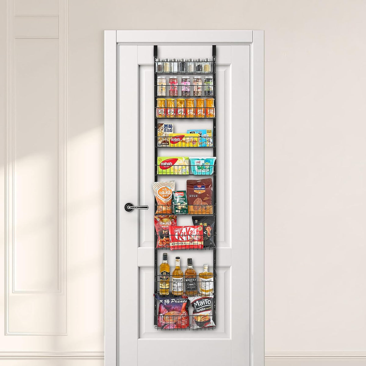 Over the Door Pantry Organizer, 9-Tier Pantry Organization and Storage, Heavy-Duty Steel Hanging Spice Rack, Adjustable Wall Seasoning Shelves, for Home Kitchen Laundry Room Bathroom, White