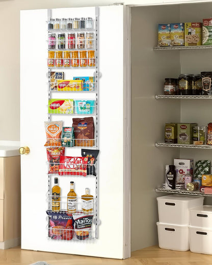 Over the Door Pantry Organizer, 9-Tier Pantry Organization and Storage, Heavy-Duty Steel Hanging Spice Rack, Adjustable Wall Seasoning Shelves, for Home Kitchen Laundry Room Bathroom, White
