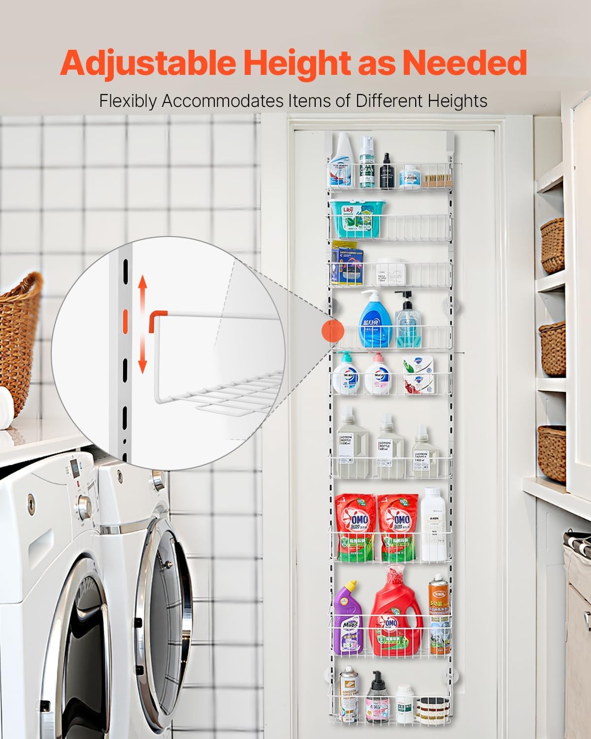 Over the Door Pantry Organizer, 9-Tier Pantry Organization and Storage, Heavy-Duty Steel Hanging Spice Rack, Adjustable Wall Seasoning Shelves, for Home Kitchen Laundry Room Bathroom, White