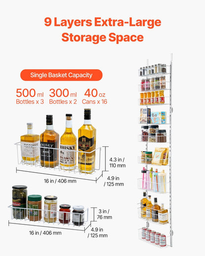 Over the Door Pantry Organizer, 9-Tier Pantry Organization and Storage, Heavy-Duty Steel Hanging Spice Rack, Adjustable Wall Seasoning Shelves, for Home Kitchen Laundry Room Bathroom, White