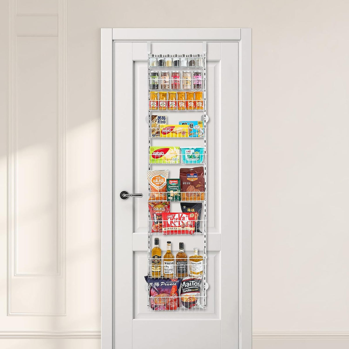 Over the Door Pantry Organizer, 9-Tier Pantry Organization and Storage, Heavy-Duty Steel Hanging Spice Rack, Adjustable Wall Seasoning Shelves, for Home Kitchen Laundry Room Bathroom, White