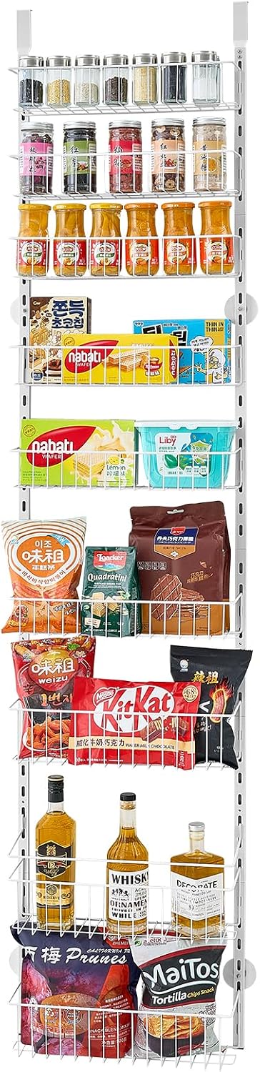 Over the Door Pantry Organizer, 9-Tier Pantry Organization and Storage, Heavy-Duty Steel Hanging Spice Rack, Adjustable Wall Seasoning Shelves, for Home Kitchen Laundry Room Bathroom, White