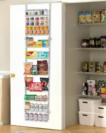 Over the Door Pantry Organizer, 9-Tier Pantry Organization and Storage, Heavy-Duty Steel Hanging Spice Rack, Adjustable Wall Seasoning Shelves, for Home Kitchen Laundry Room Bathroom, White