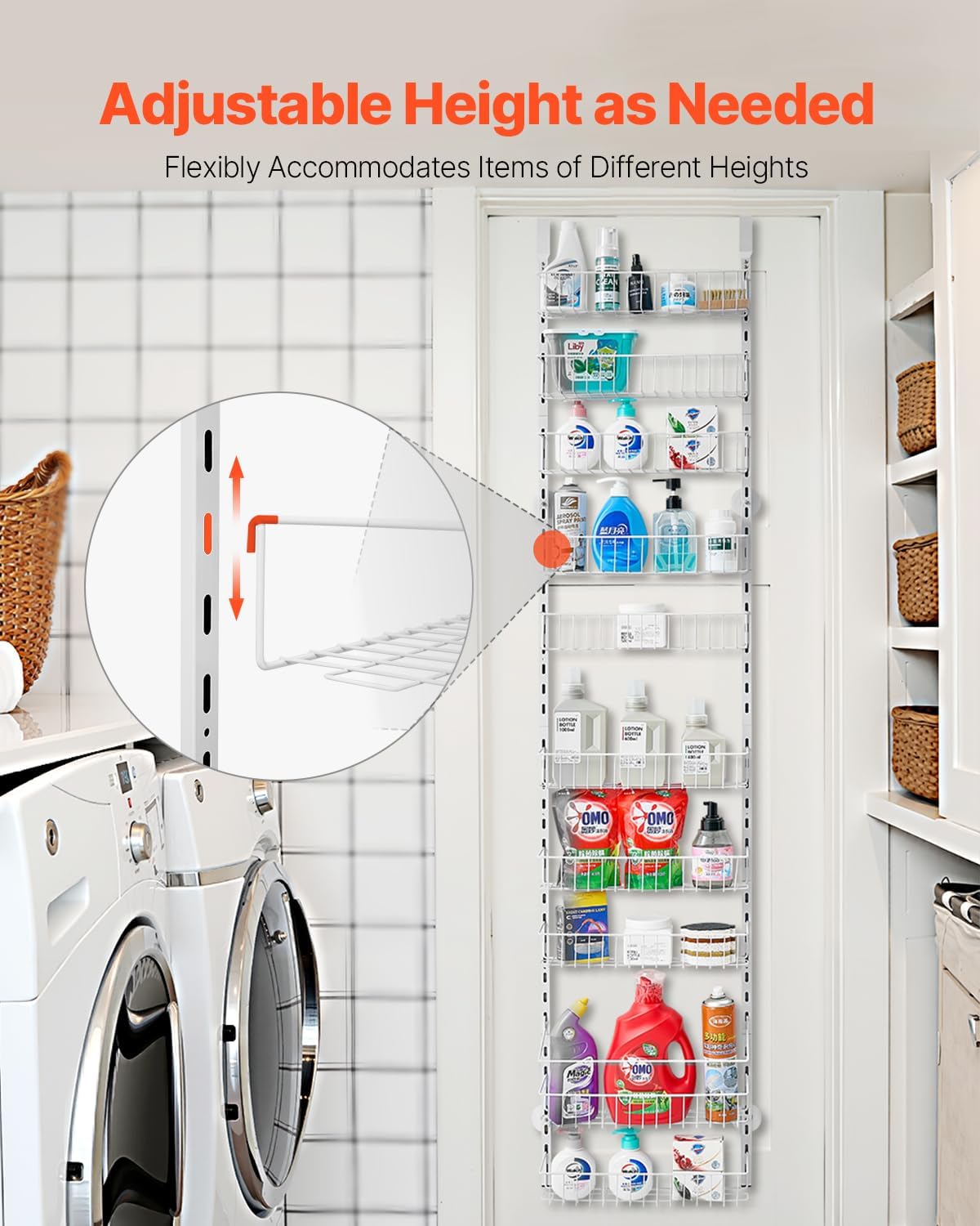 Over the Door Pantry Organizer, 9-Tier Pantry Organization and Storage, Heavy-Duty Steel Hanging Spice Rack, Adjustable Wall Seasoning Shelves, for Home Kitchen Laundry Room Bathroom, White