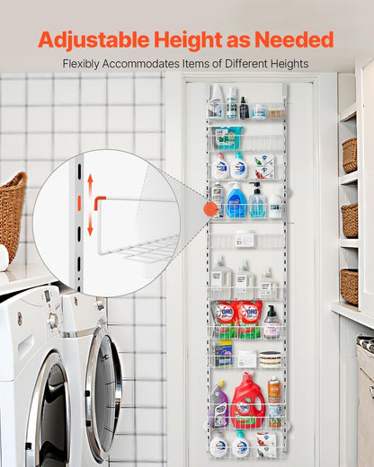 Over the Door Pantry Organizer, 9-Tier Pantry Organization and Storage, Heavy-Duty Steel Hanging Spice Rack, Adjustable Wall Seasoning Shelves, for Home Kitchen Laundry Room Bathroom, White