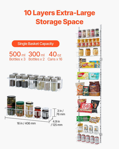 Over the Door Pantry Organizer, 9-Tier Pantry Organization and Storage, Heavy-Duty Steel Hanging Spice Rack, Adjustable Wall Seasoning Shelves, for Home Kitchen Laundry Room Bathroom, White