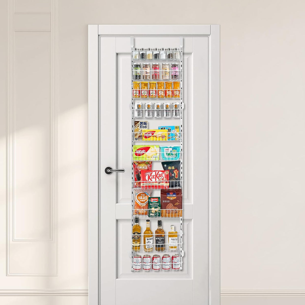 Over the Door Pantry Organizer, 9-Tier Pantry Organization and Storage, Heavy-Duty Steel Hanging Spice Rack, Adjustable Wall Seasoning Shelves, for Home Kitchen Laundry Room Bathroom, White