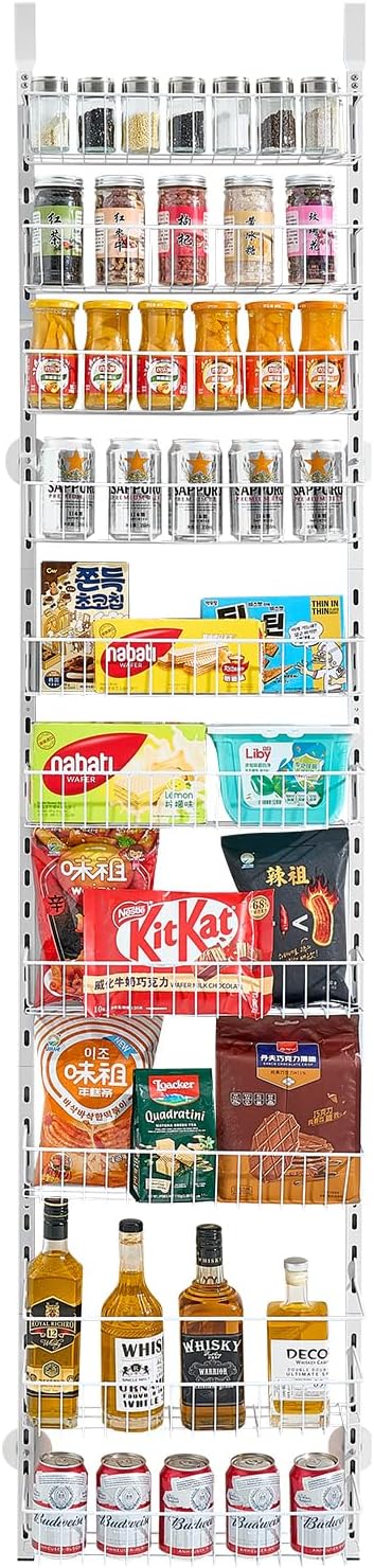 Over the Door Pantry Organizer, 9-Tier Pantry Organization and Storage, Heavy-Duty Steel Hanging Spice Rack, Adjustable Wall Seasoning Shelves, for Home Kitchen Laundry Room Bathroom, White