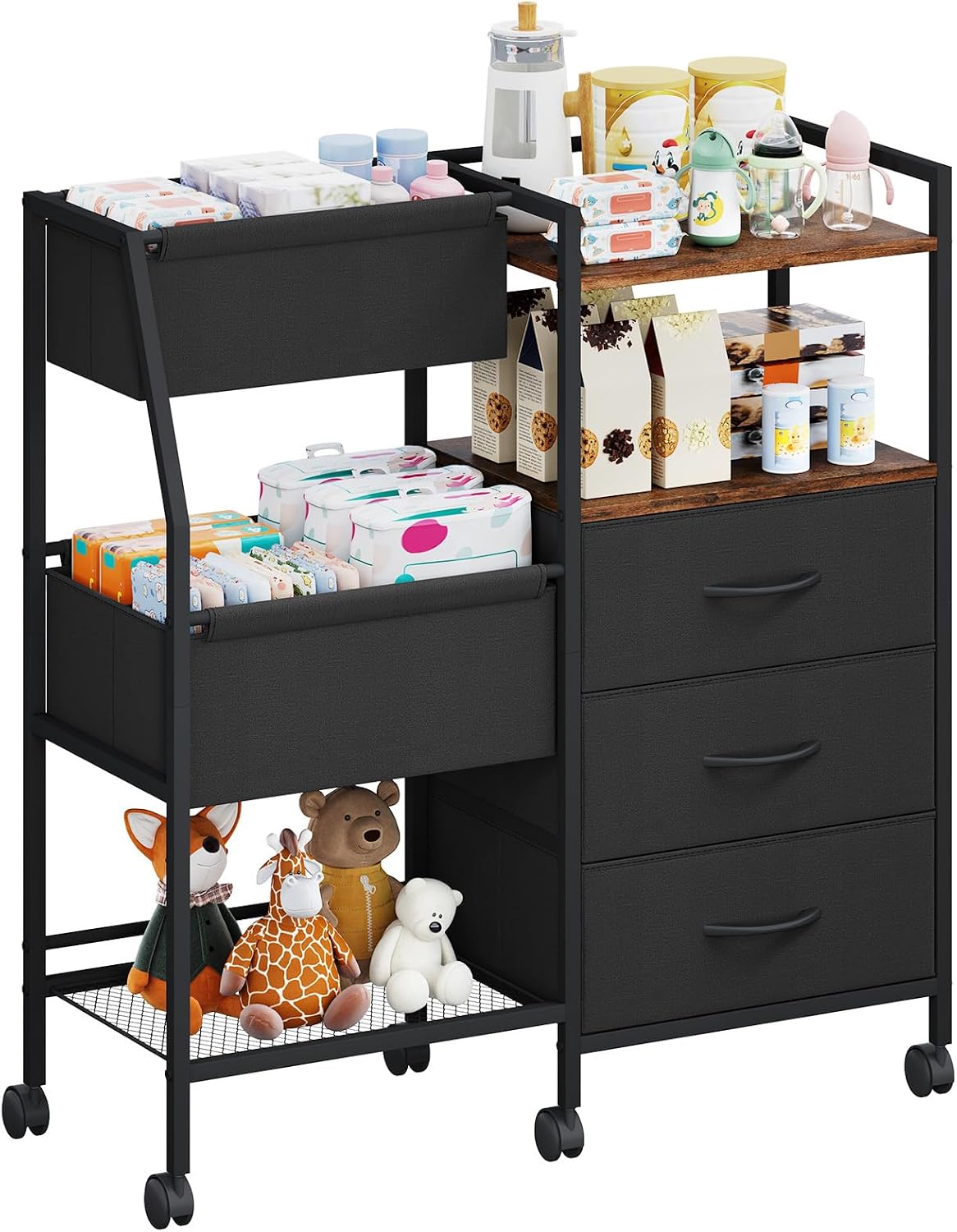 Baby Diaper Caddy Organizer, 3-Tier Rolling Cart with Drawers