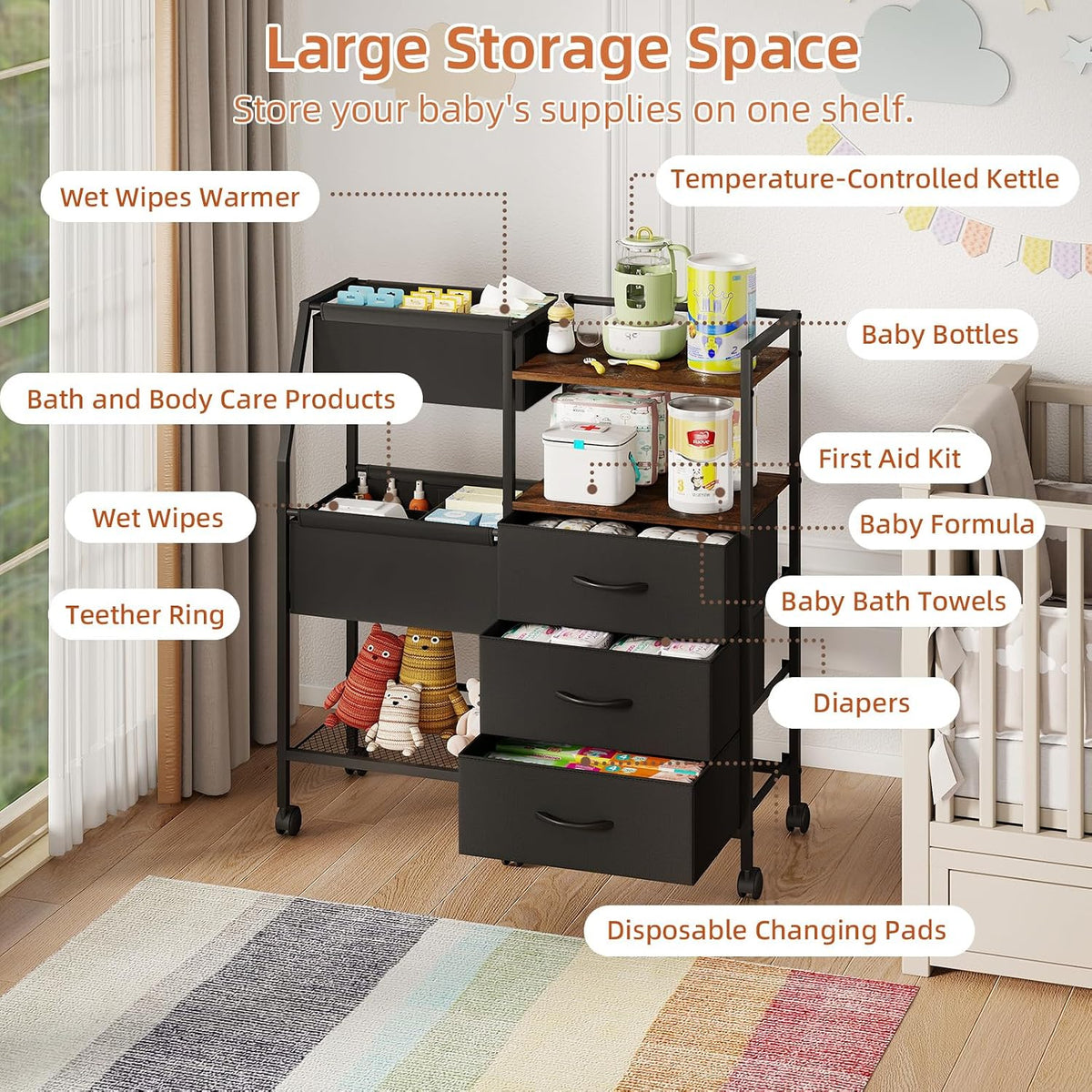 Baby Diaper Caddy Organizer, 3-Tier Rolling Cart with Drawers