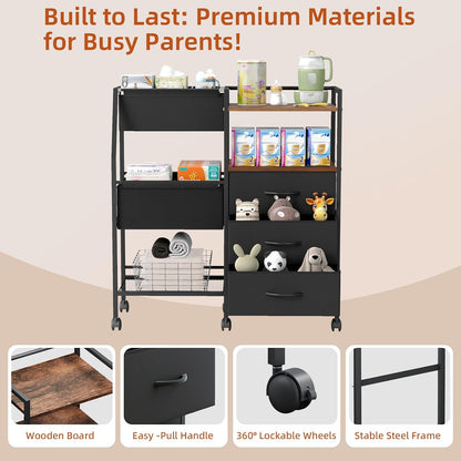 Baby Diaper Caddy Organizer, 3-Tier Rolling Cart with Drawers