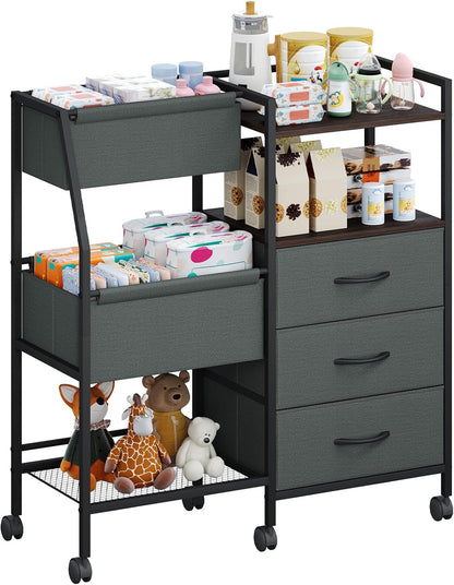Baby Diaper Caddy Organizer, 3-Tier Rolling Cart with Drawers