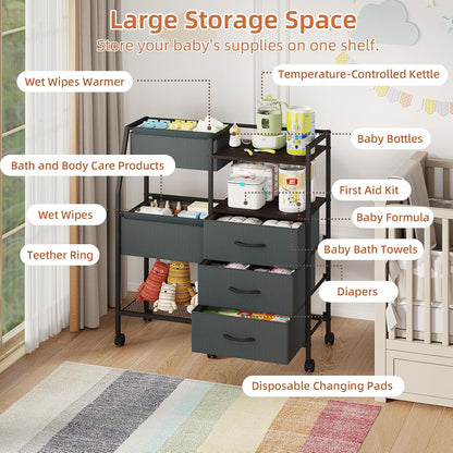 Baby Diaper Caddy Organizer, 3-Tier Rolling Cart with Drawers