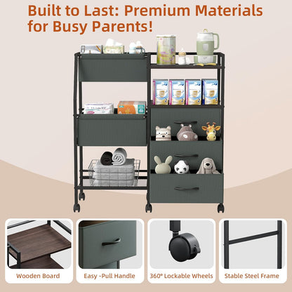 Baby Diaper Caddy Organizer, 3-Tier Rolling Cart with Drawers