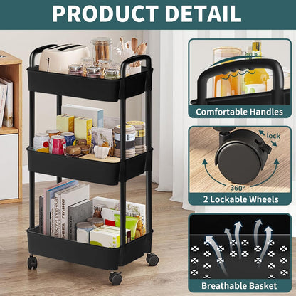 3 Tier Rolling Cart, Plastic Diaper Cart Organizer with Wheels, Roller Cart for Diapers, Baby Nursery, Kitchen, Bathroom, Living Room and Bedside, White