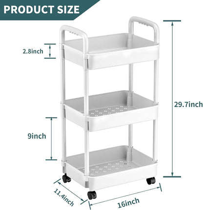 3 Tier Rolling Cart, Plastic Diaper Cart Organizer with Wheels, Roller Cart for Diapers, Baby Nursery, Kitchen, Bathroom, Living Room and Bedside, White