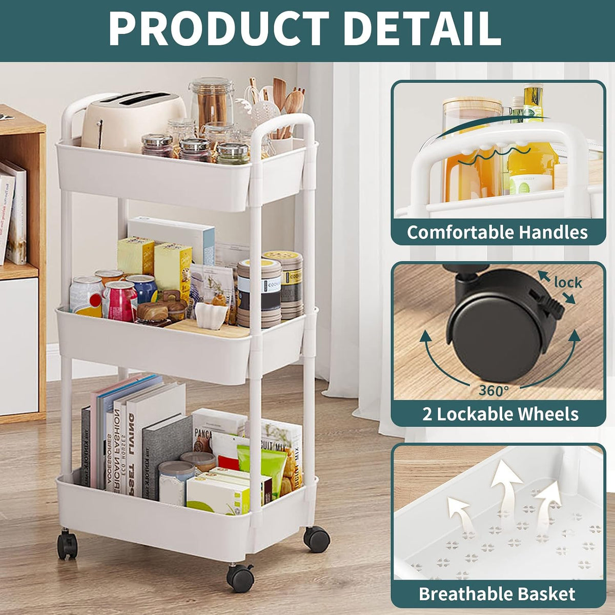 3 Tier Rolling Cart, Plastic Diaper Cart Organizer with Wheels, Roller Cart for Diapers, Baby Nursery, Kitchen, Bathroom, Living Room and Bedside, White