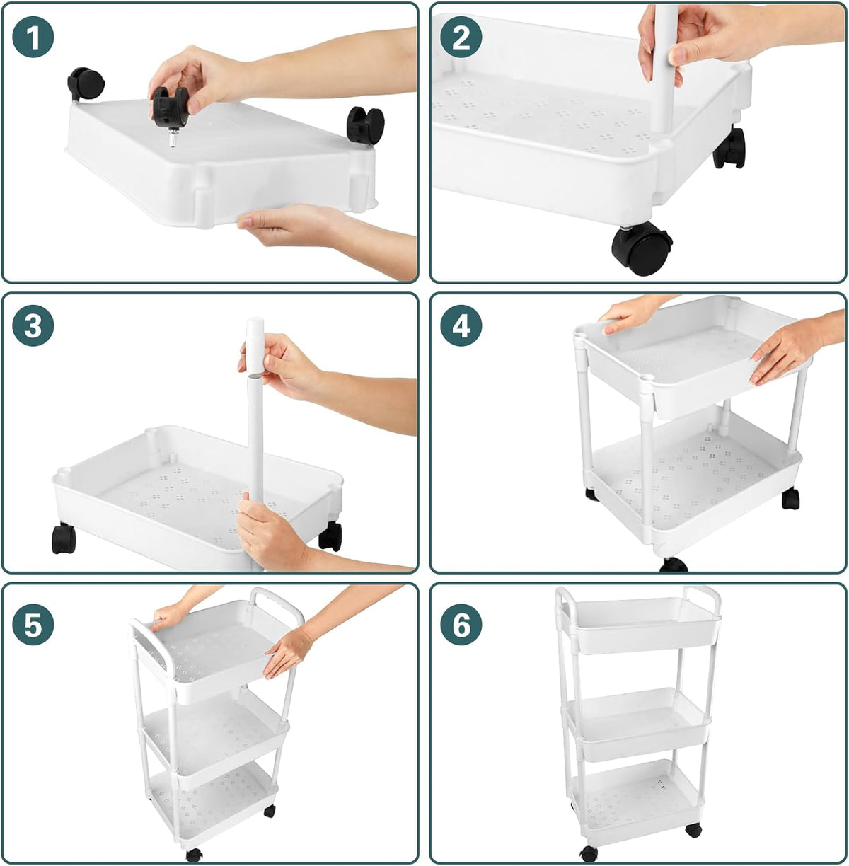 3 Tier Rolling Cart, Plastic Diaper Cart Organizer with Wheels, Roller Cart for Diapers, Baby Nursery, Kitchen, Bathroom, Living Room and Bedside, White