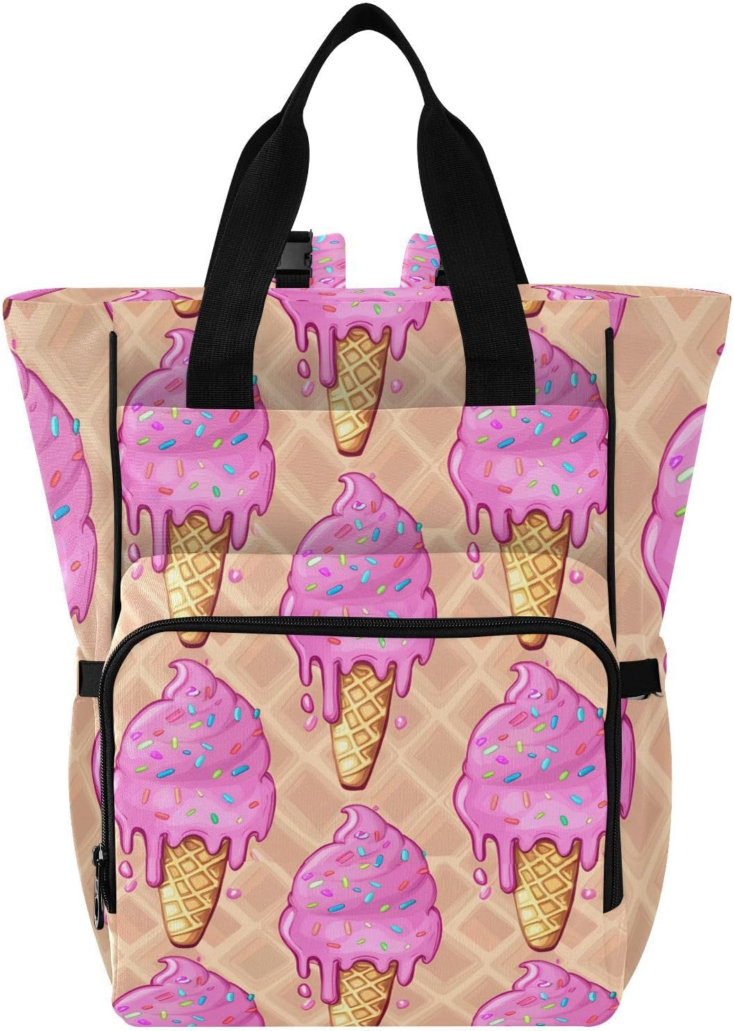 Diaper Bag Backpack, Multifunction Travel Bag for Moms Dads, Baby Changing Bag with Insulted Pockets, Stroller Straps and Side Bottle Pockets Melting Ice-cream Pattern