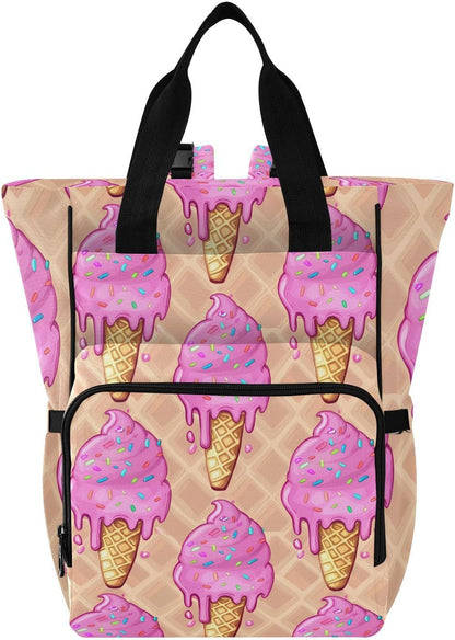 Diaper Bag Backpack, Multifunction Travel Bag for Moms Dads, Baby Changing Bag with Insulted Pockets, Stroller Straps and Side Bottle Pockets Melting Ice-cream Pattern
