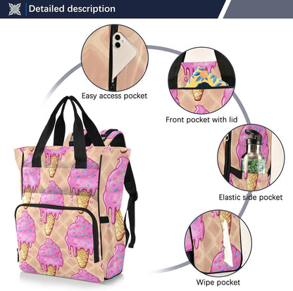 Diaper Bag Backpack, Multifunction Travel Bag for Moms Dads, Baby Changing Bag with Insulted Pockets, Stroller Straps and Side Bottle Pockets Melting Ice-cream Pattern