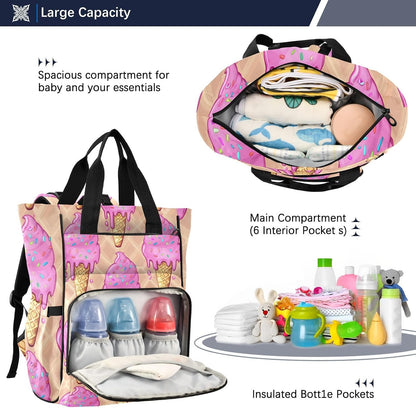 Diaper Bag Backpack, Multifunction Travel Bag for Moms Dads, Baby Changing Bag with Insulted Pockets, Stroller Straps and Side Bottle Pockets Melting Ice-cream Pattern