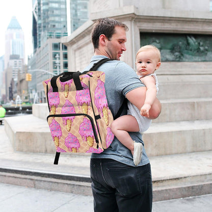Diaper Bag Backpack, Multifunction Travel Bag for Moms Dads, Baby Changing Bag with Insulted Pockets, Stroller Straps and Side Bottle Pockets Melting Ice-cream Pattern