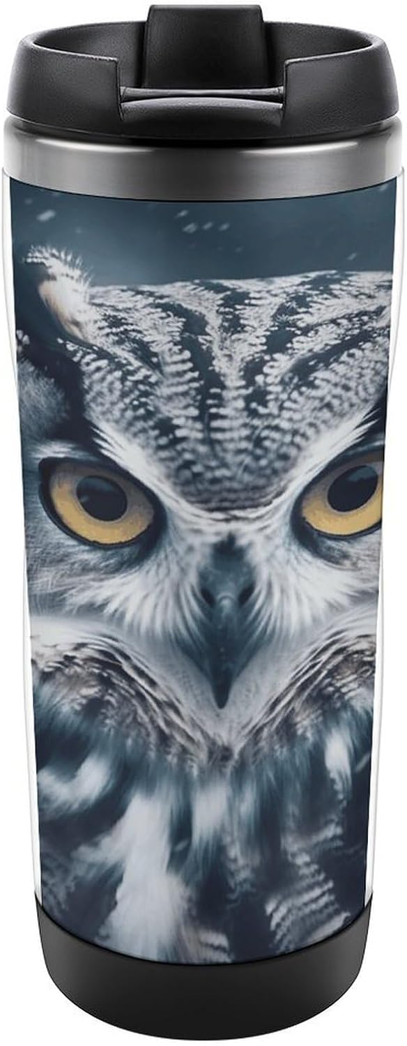 13oz Insulated Travel Coffee Mug Reusable Coffee Cup Water Bottle | Grey And White Owl Travel Mug with Leak Proof Lid Double Wall Stainless Steel Coffee Tumbler Personalized Gift