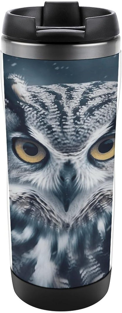 13oz Insulated Travel Coffee Mug Reusable Coffee Cup Water Bottle | Grey And White Owl Travel Mug with Leak Proof Lid Double Wall Stainless Steel Coffee Tumbler Personalized Gift