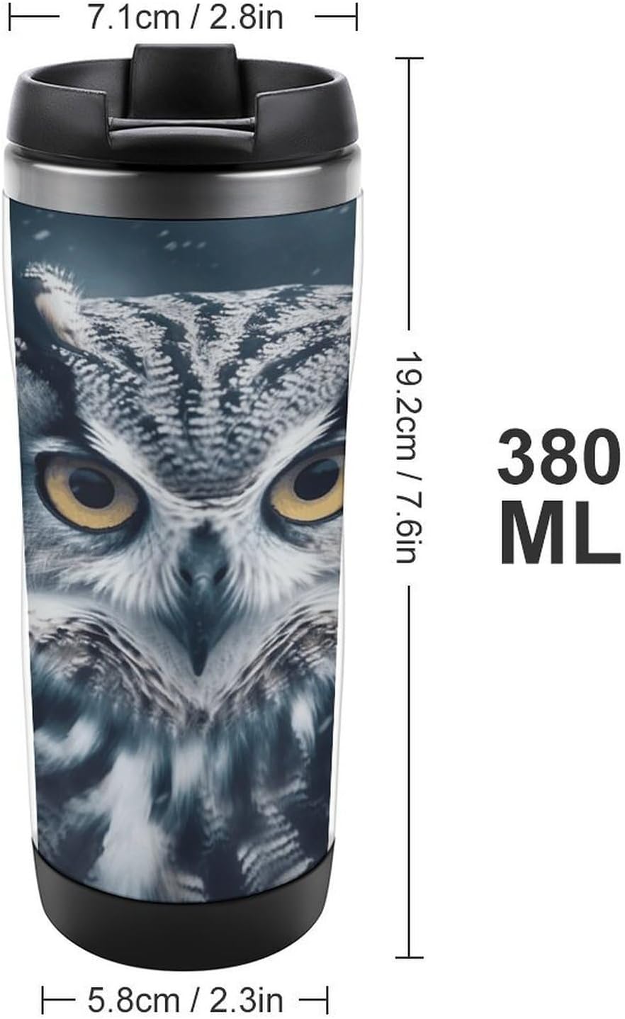 13oz Insulated Travel Coffee Mug Reusable Coffee Cup Water Bottle | Grey And White Owl Travel Mug with Leak Proof Lid Double Wall Stainless Steel Coffee Tumbler Personalized Gift