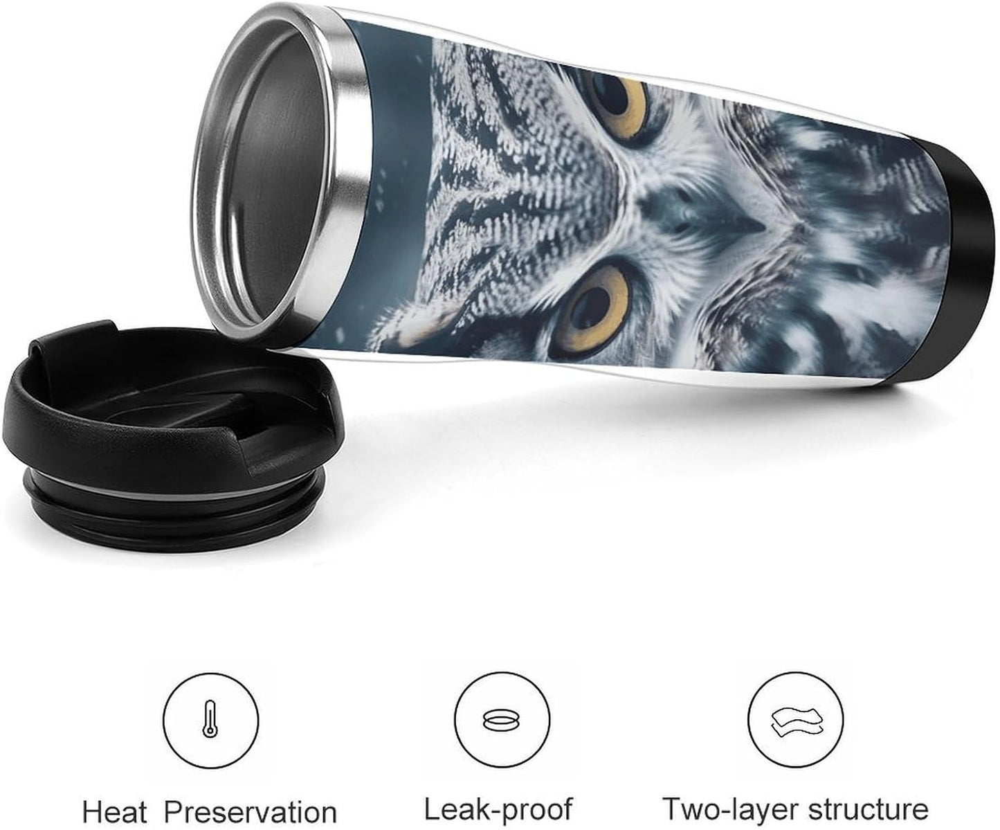 13oz Insulated Travel Coffee Mug Reusable Coffee Cup Water Bottle | Grey And White Owl Travel Mug with Leak Proof Lid Double Wall Stainless Steel Coffee Tumbler Personalized Gift