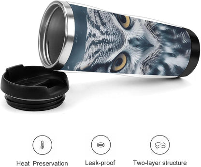 13oz Insulated Travel Coffee Mug Reusable Coffee Cup Water Bottle | Grey And White Owl Travel Mug with Leak Proof Lid Double Wall Stainless Steel Coffee Tumbler Personalized Gift