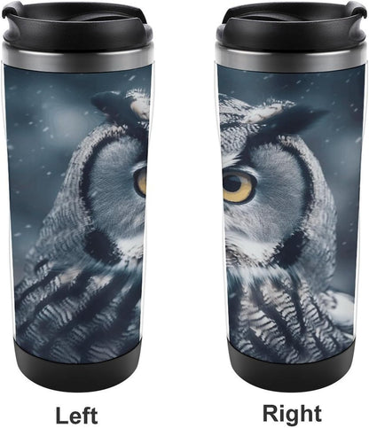13oz Insulated Travel Coffee Mug Reusable Coffee Cup Water Bottle | Grey And White Owl Travel Mug with Leak Proof Lid Double Wall Stainless Steel Coffee Tumbler Personalized Gift