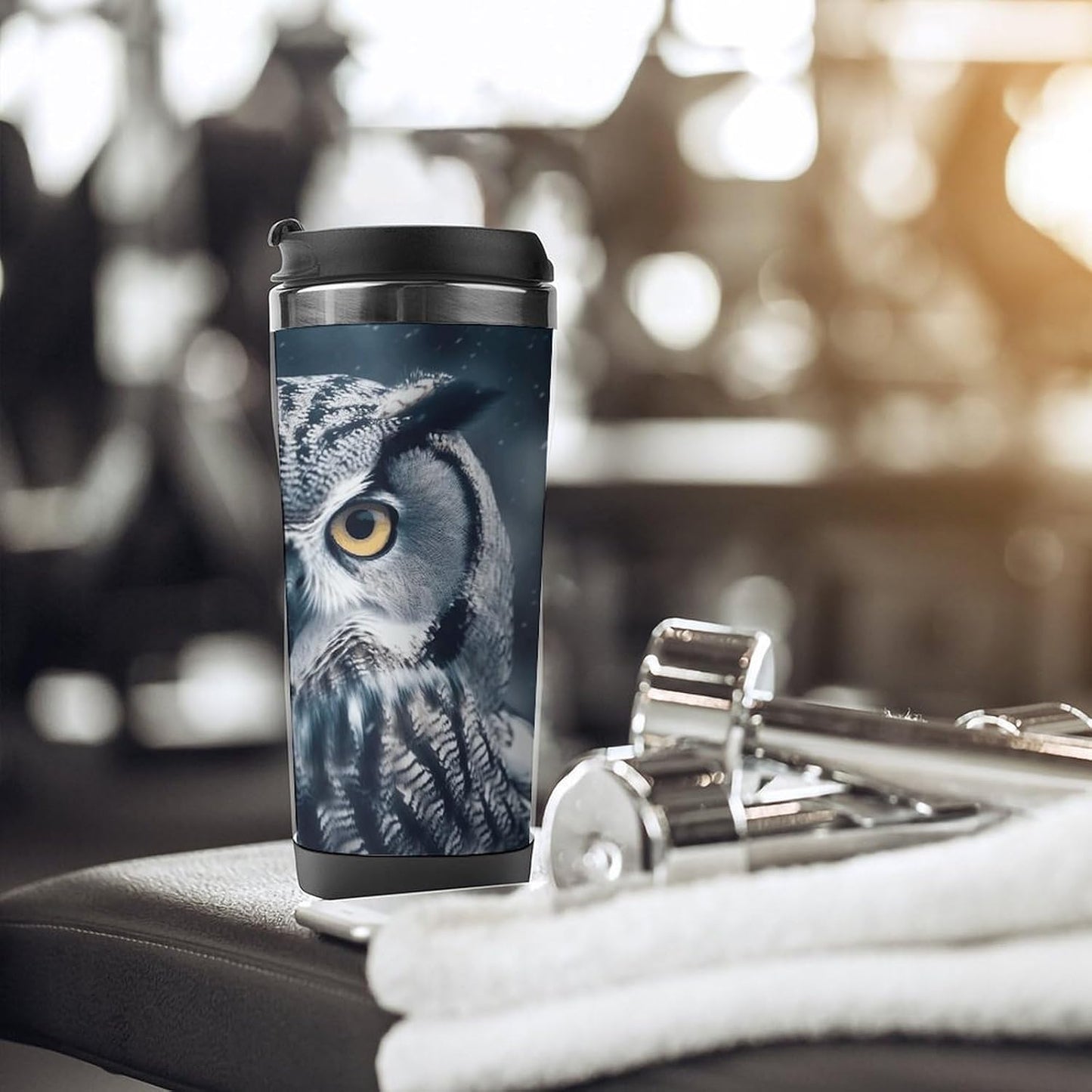 13oz Insulated Travel Coffee Mug Reusable Coffee Cup Water Bottle | Grey And White Owl Travel Mug with Leak Proof Lid Double Wall Stainless Steel Coffee Tumbler Personalized Gift