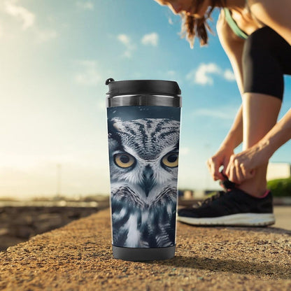 13oz Insulated Travel Coffee Mug Reusable Coffee Cup Water Bottle | Grey And White Owl Travel Mug with Leak Proof Lid Double Wall Stainless Steel Coffee Tumbler Personalized Gift