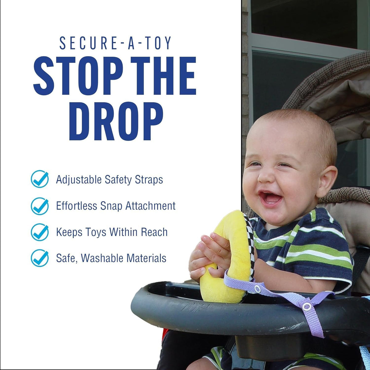 Secure-A-Toy, Safety Strap Secures Toys, Teether, Pacifiers to Strollers, Highchairs, Car Seats, Adjustable Length Keep Toys Sanitary, Registry Must Haves, Blue-Orange-Grey-Black, 4 Count