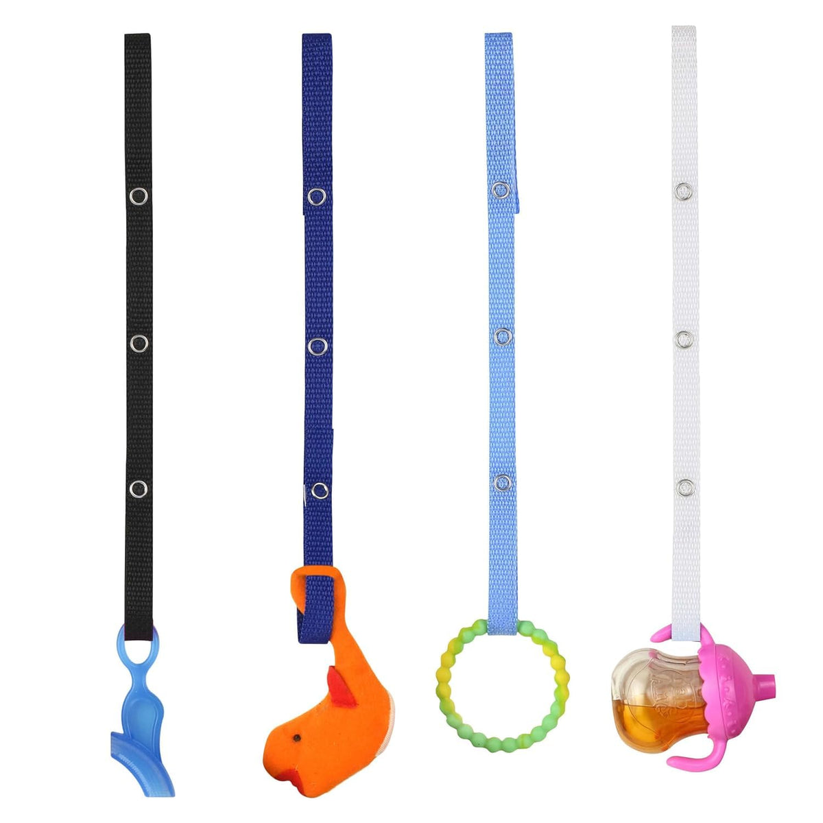 Secure-A-Toy, Safety Strap Secures Toys, Teether, Pacifiers to Strollers, Highchairs, Car Seats, Adjustable Length Keep Toys Sanitary, Registry Must Haves, Blue-Orange-Grey-Black, 4 Count