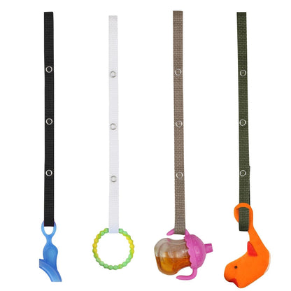 Secure-A-Toy, Safety Strap Secures Toys, Teether, Pacifiers to Strollers, Highchairs, Car Seats, Adjustable Length Keep Toys Sanitary, Registry Must Haves, Blue-Orange-Grey-Black, 4 Count